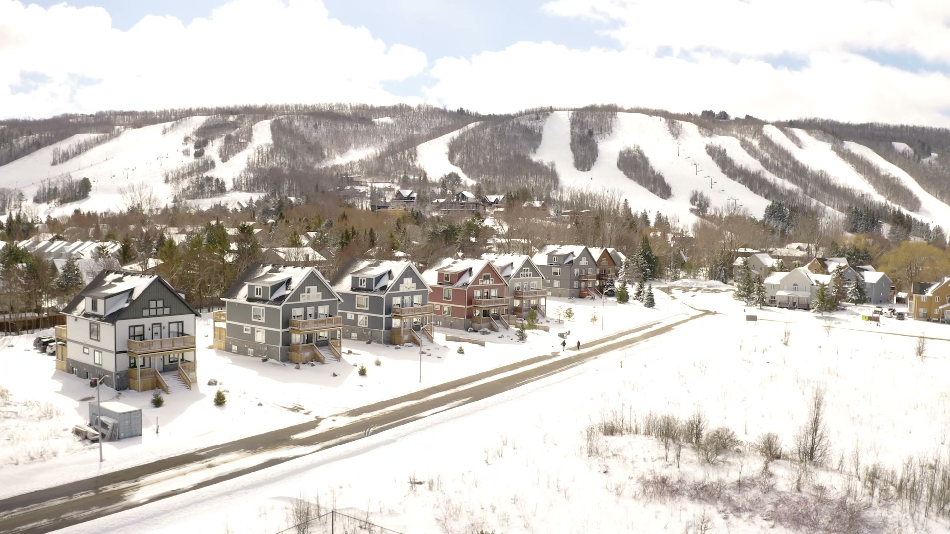 Aerial view of the chalets at the base of Blue Mountain